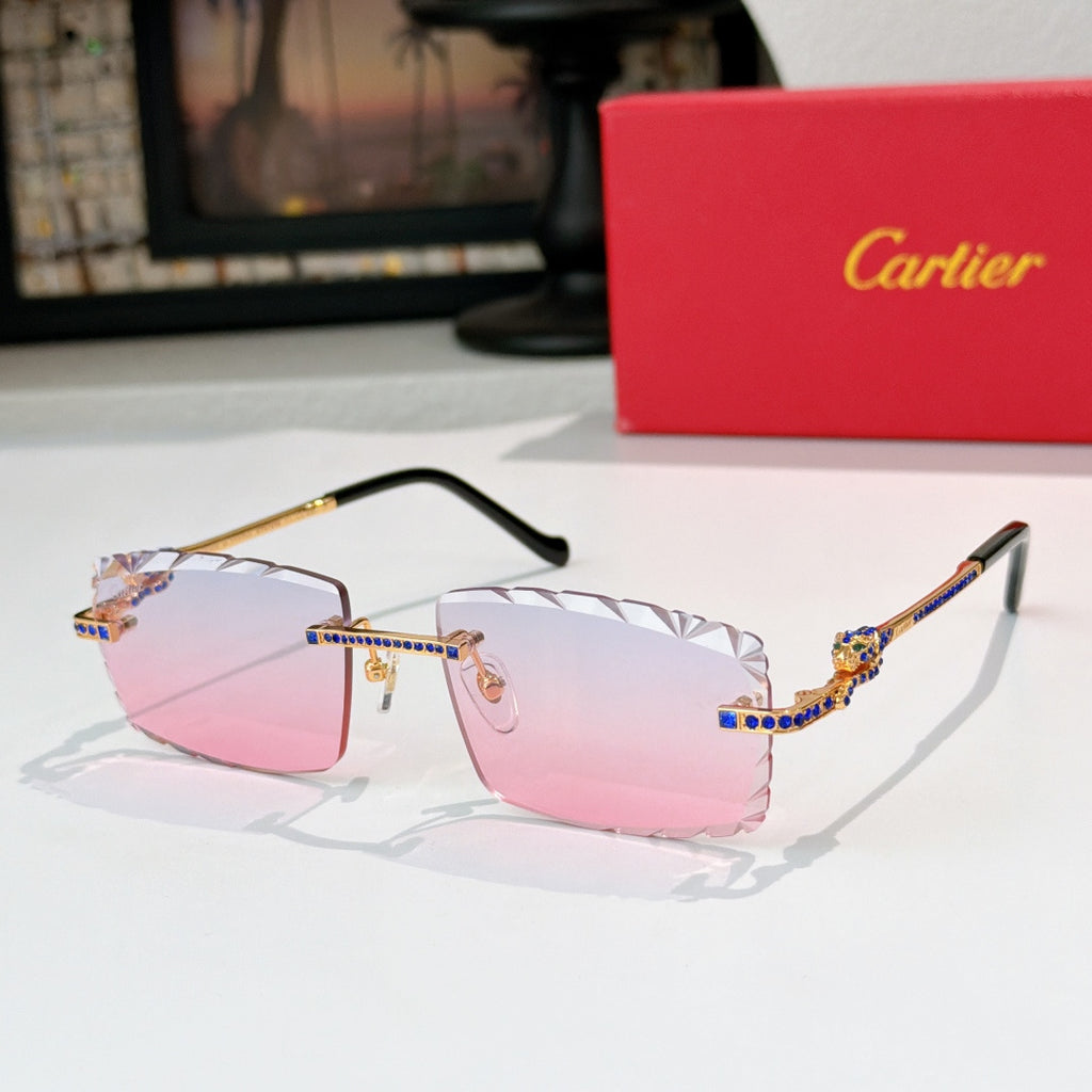 Gold sunglasses with black temples and pink-to-rose gradient lenses