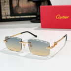 Gold sunglasses with black temples and blue-to-yellow gradient lenses