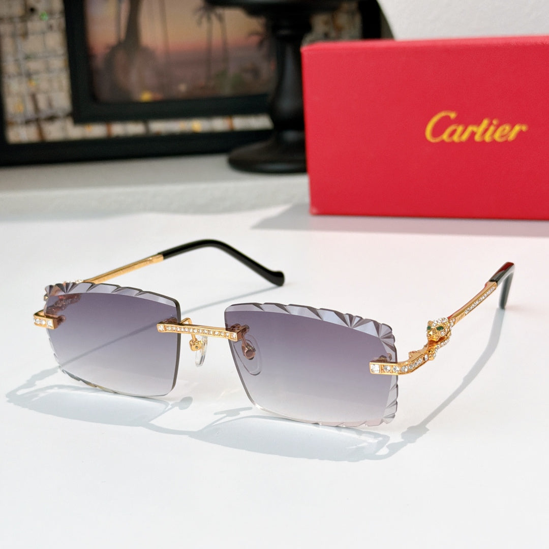 Gold sunglasses with black temples and purple gradient lenses