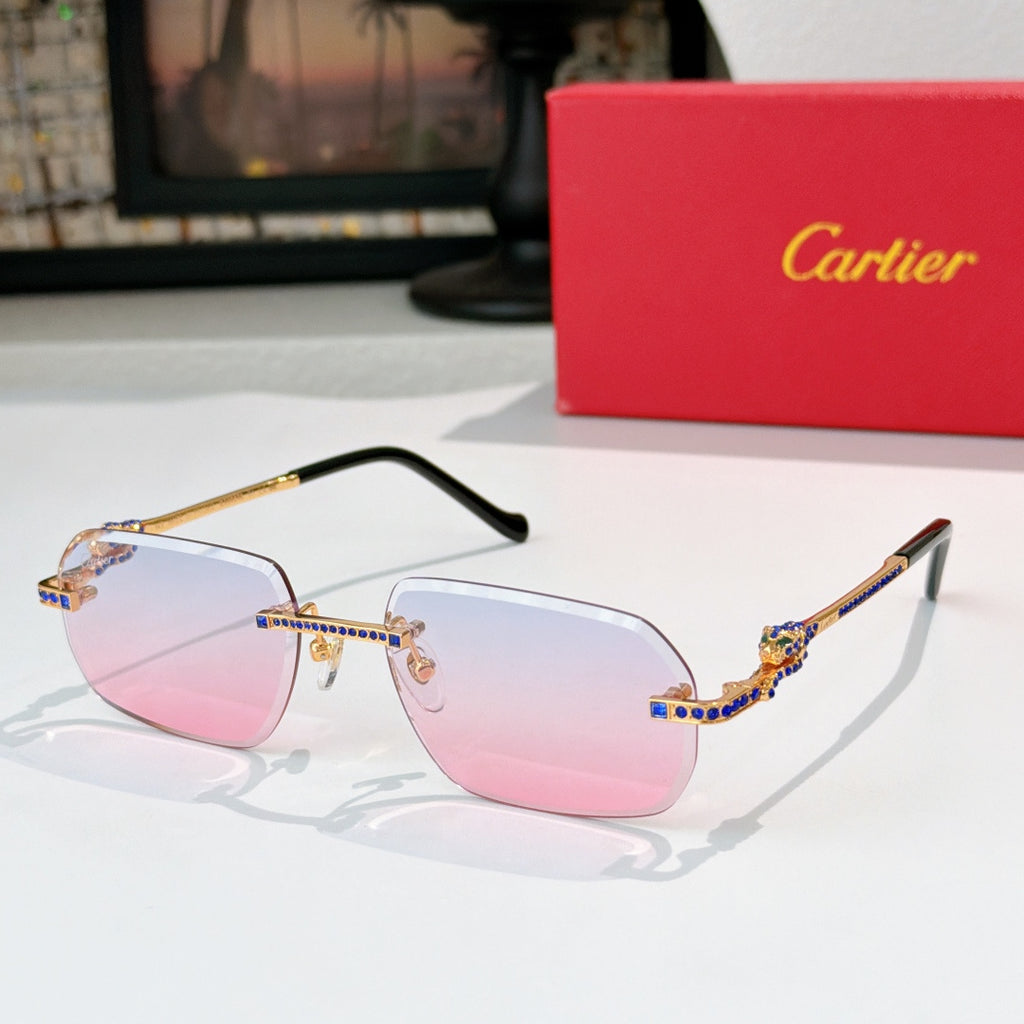 Cartier glasses with gold-tone rims, pink-tinted lenses, and patterned temple arms.