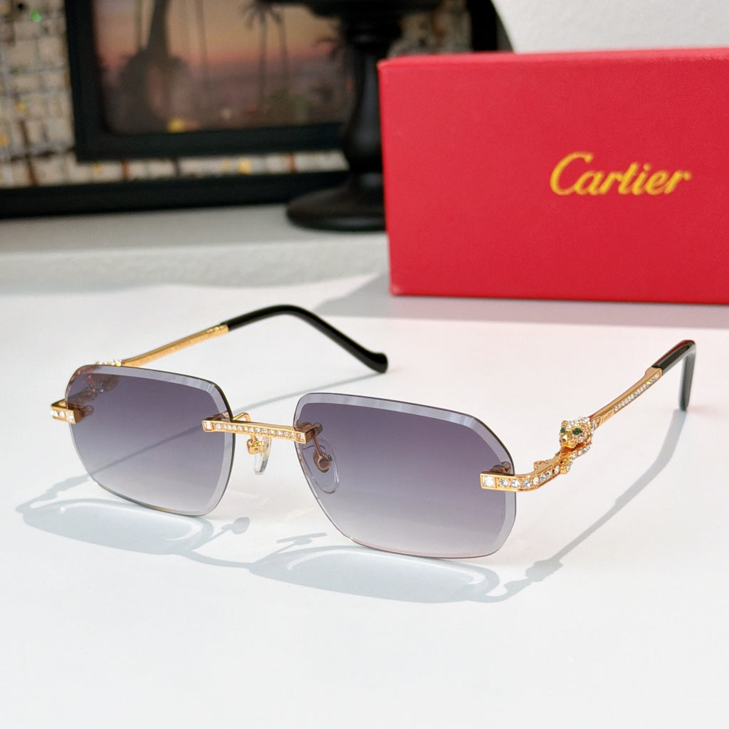 Cartier glasses with gold-tone rims, violet-tinted lenses, and black temple tips.