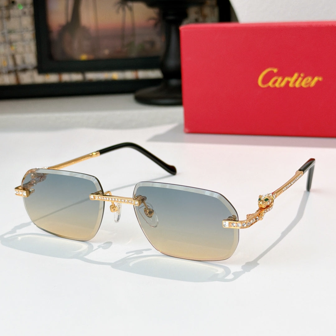 Cartier glasses with gold-tone rims, champagne lenses, and black temple tips.