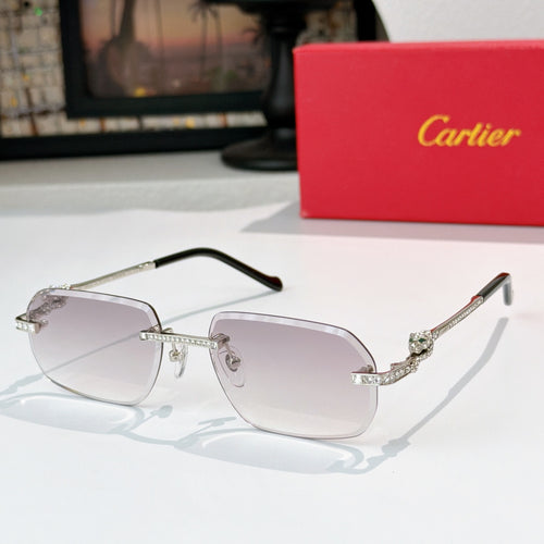 Cartier glasses with silver-tone rims, light purple lenses, and gold accents.
