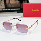 Cartier glasses with gold-tone rims, purple-tinted lenses, and black temple tips.
