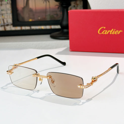 Cartier glasses with gold accents, brown-tinted lenses, rectangular frame and jeweled temples