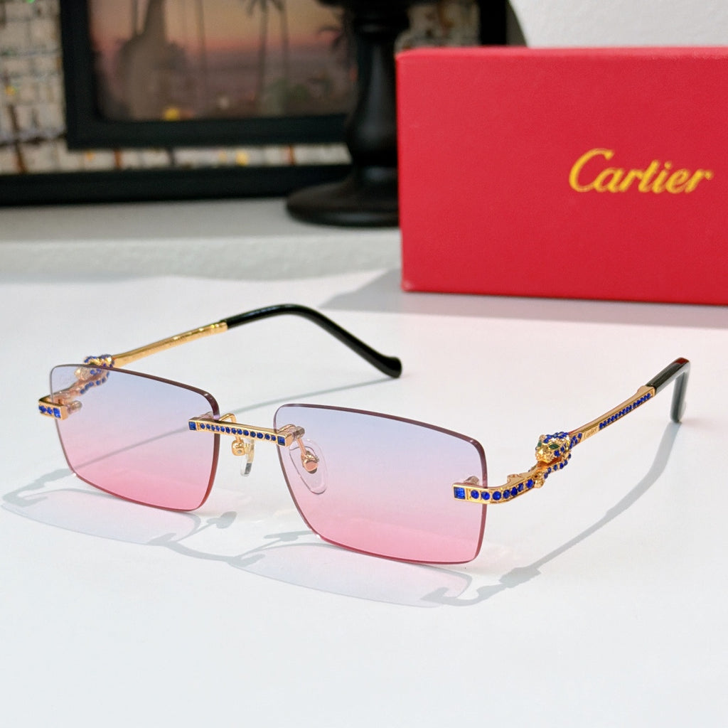 Cartier glasses with gold accents, pink-tinted lenses, rectangular frame and jeweled bridge
