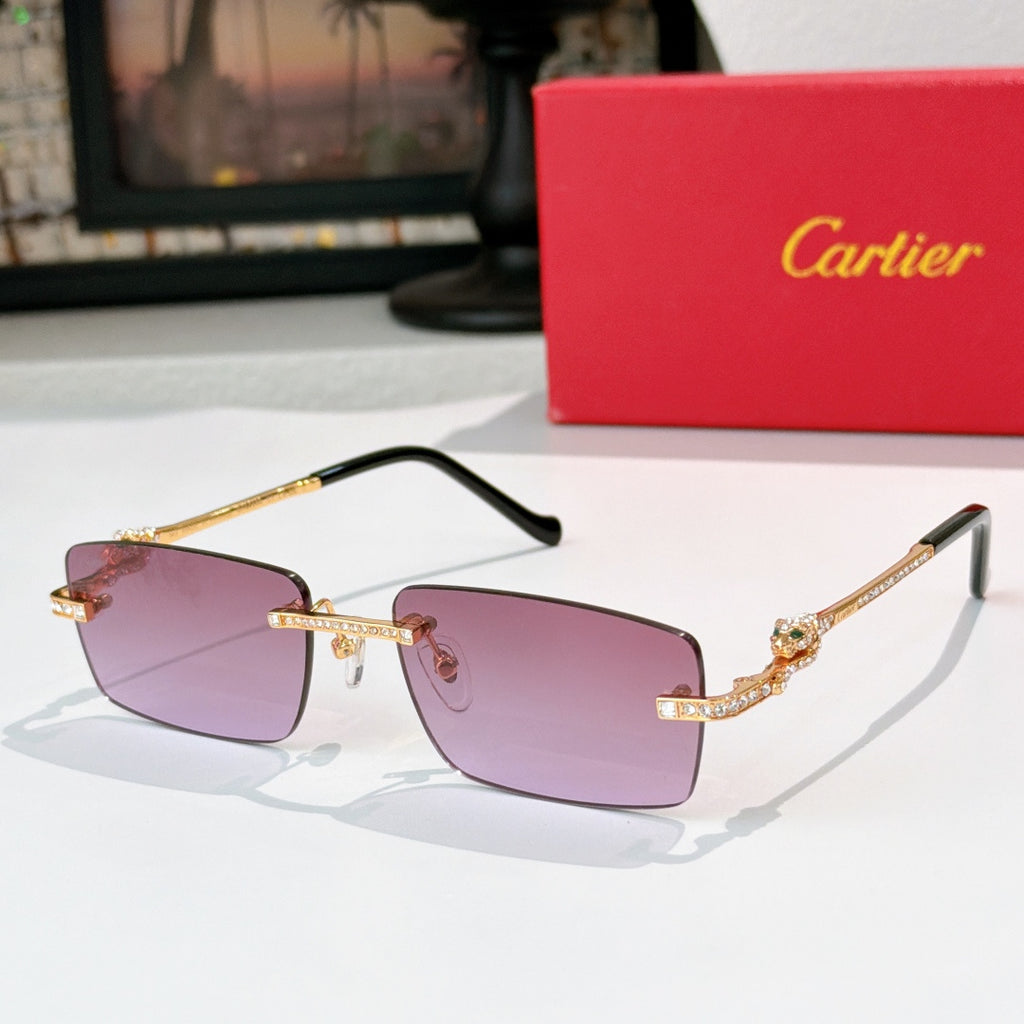 Cartier glasses with gold accents, purple lenses, rectangular frame and jeweled temple detail