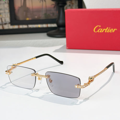 Cartier glasses with gold accents, dark gray lenses, rectangular shape and ornate temples