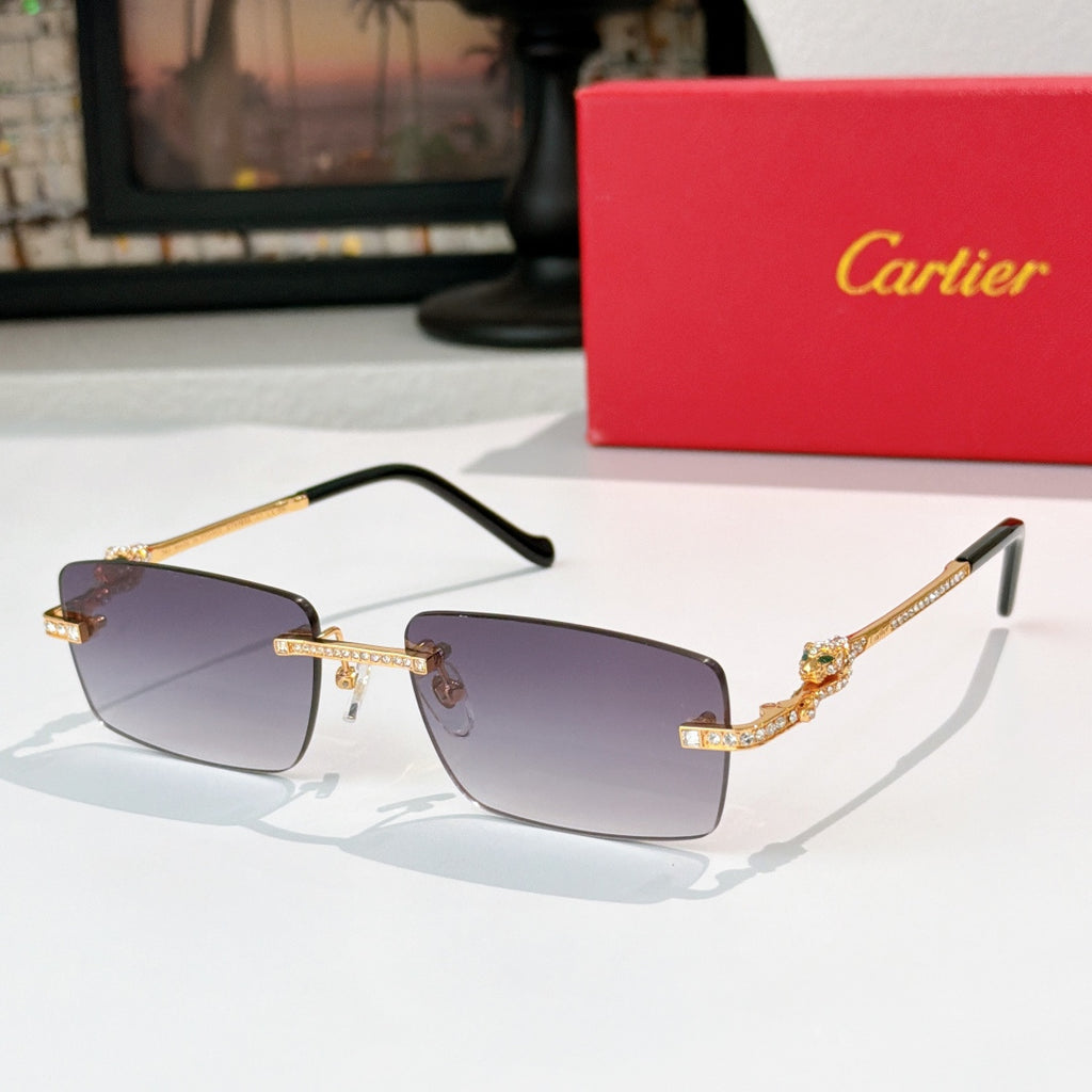 Cartier glasses with gold accents, dark purple lenses, rectangular frame and ornate temple detail