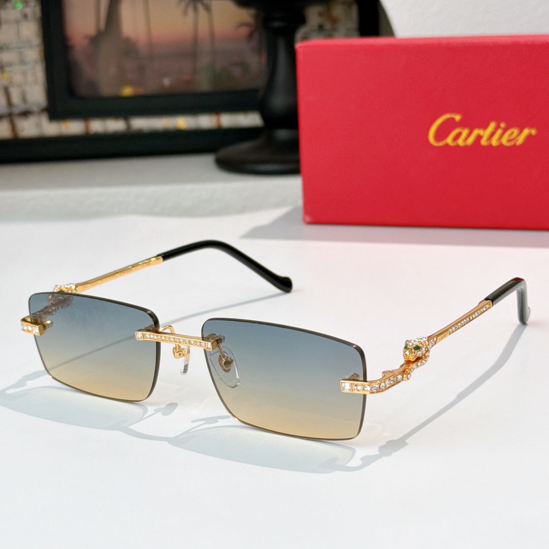 Cartier glasses with gold accents, light blue lenses, rectangular frame and jeweled temple detail