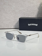 Gray-tinted square eyeglasses with silver-tone frame and clear lens covering