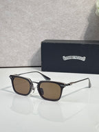 Brown-tinted square eyeglasses with dark frame and silver-tone metal temple accents