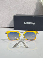 Blue-tinted square eyeglasses with bright yellow frame and silver metal temple hinges