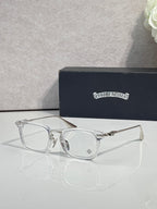 Chrome glasses with clear rectangular frames and clear lenses