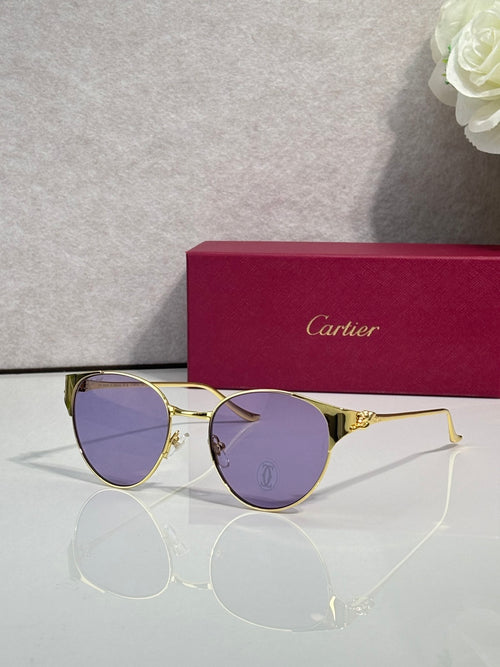 Cartier glasses with gold-tone round frames and purple tinted lenses