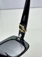Black sunglasses arm with Dior text and gold bar logo hardware.
