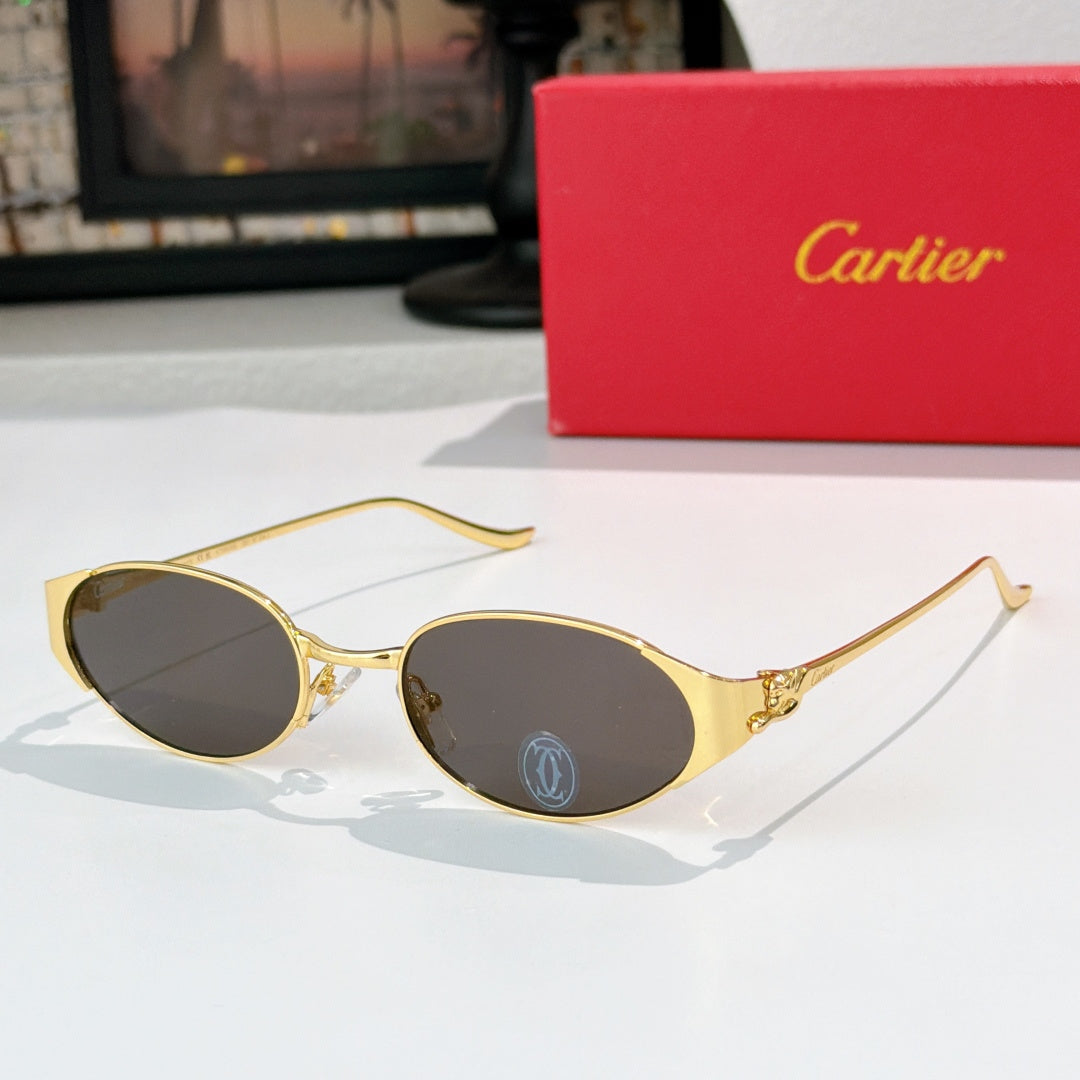 Round gold-tone sunglasses with dark gray lenses and metal bridge detail