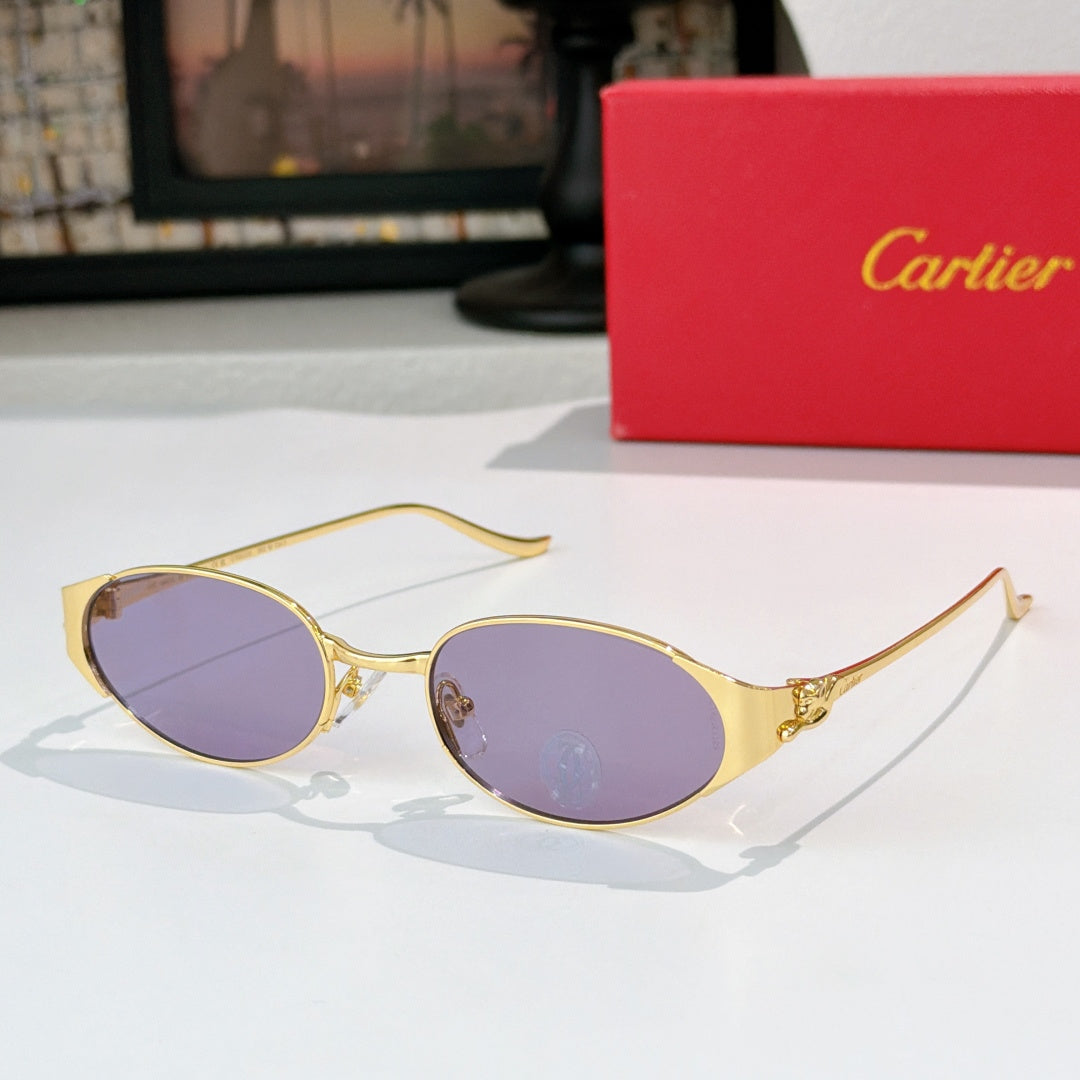 Round gold-tone sunglasses with lavender-tinted lenses and metal bridge detail
