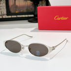 Round silver-tone sunglasses with dark gray lenses and metal bridge detail