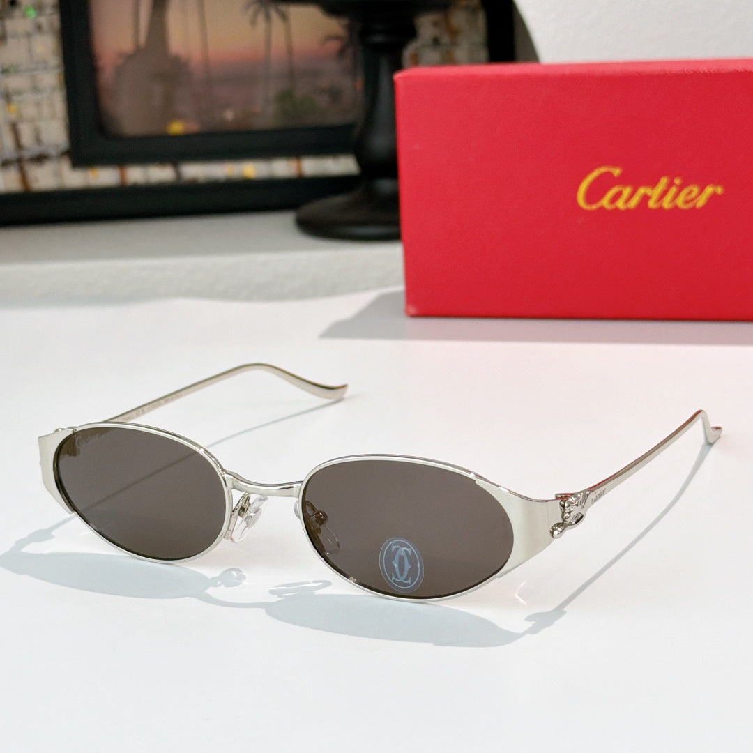 Round silver-tone sunglasses with dark gray lenses and metal bridge detail
