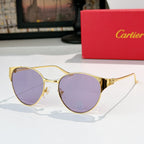 Gold-rimmed round sunglasses with light purple lenses and ornate metal temples