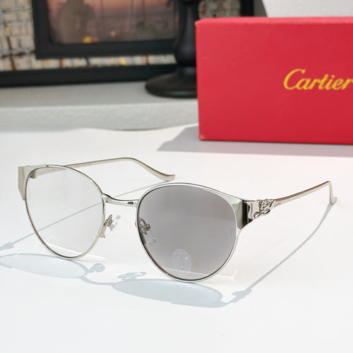 Silver-rimmed round sunglasses with gray lenses and metal link temples