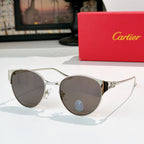 Silver-rimmed round sunglasses with dark gray lenses and metal link temples