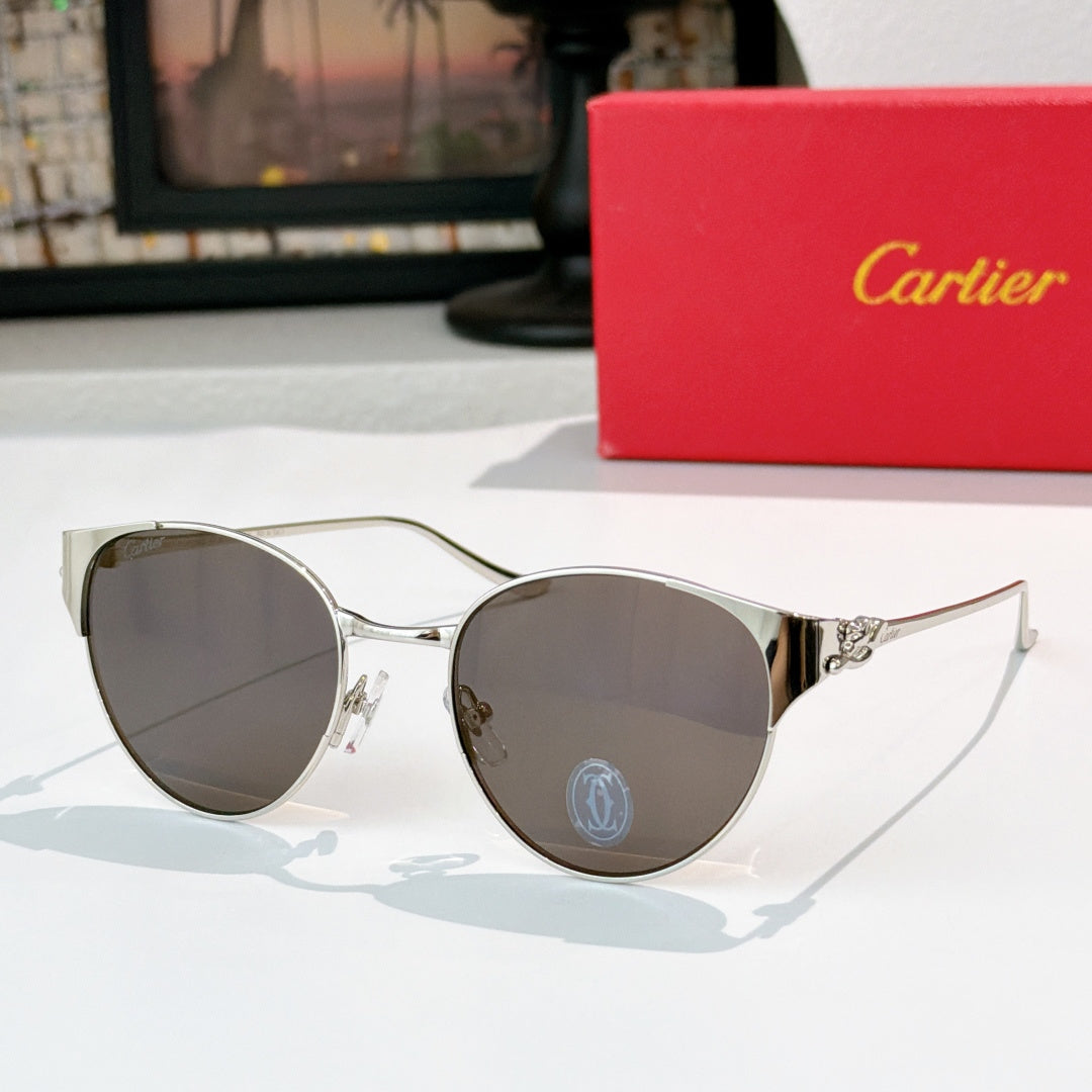 Silver-rimmed round sunglasses with dark gray lenses and metal link temples