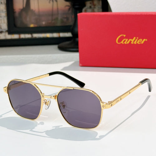 Sunglasses with gold frame, black temples, and purple tinted round lenses