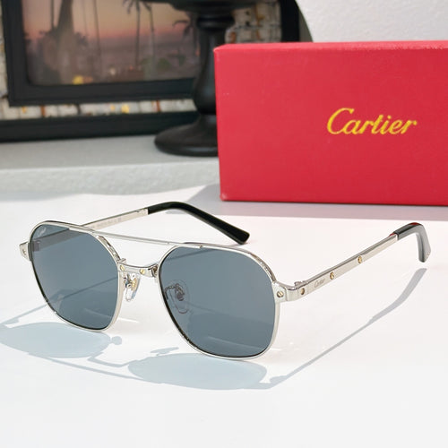 Sunglasses with silver frame, black temples, and blue tinted round lenses