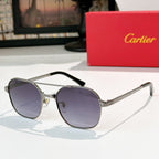 Sunglasses with silver frame, black temples, and purple tinted round lenses
