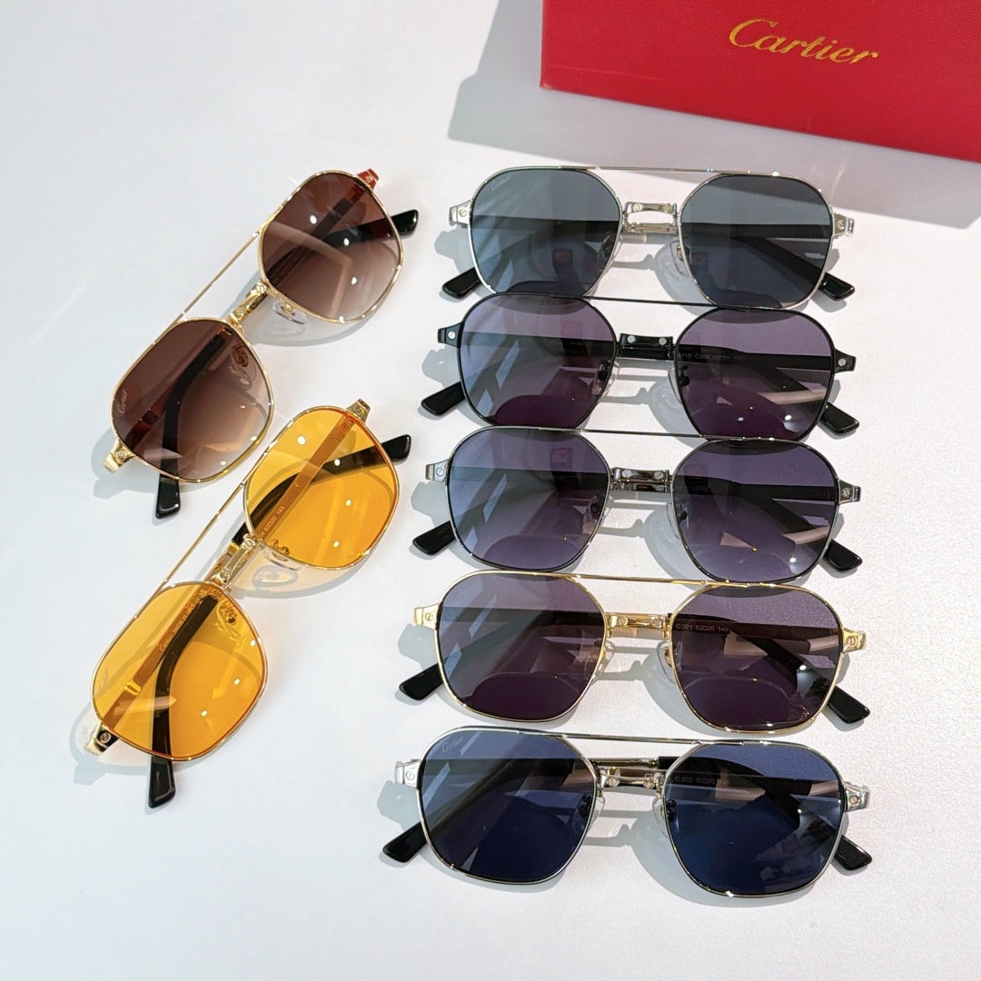 Sunglasses set with mixed frames and tinted lenses in amber, blue, and purple