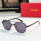 Sunglasses with dark frame, black temples, and purple tinted round lenses
