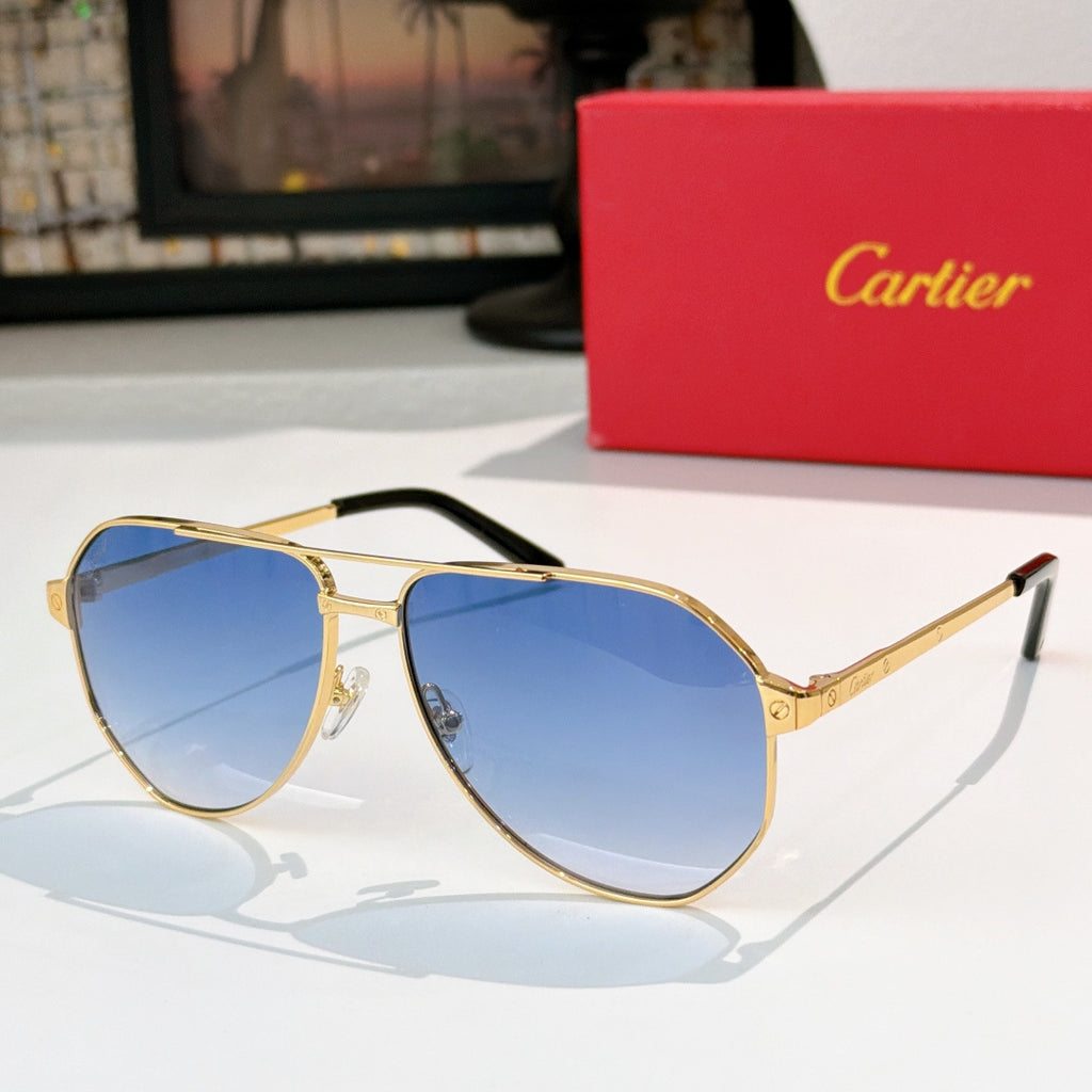 Aviator sunglasses with gold-tone frames, black temples, and blue tinted lenses