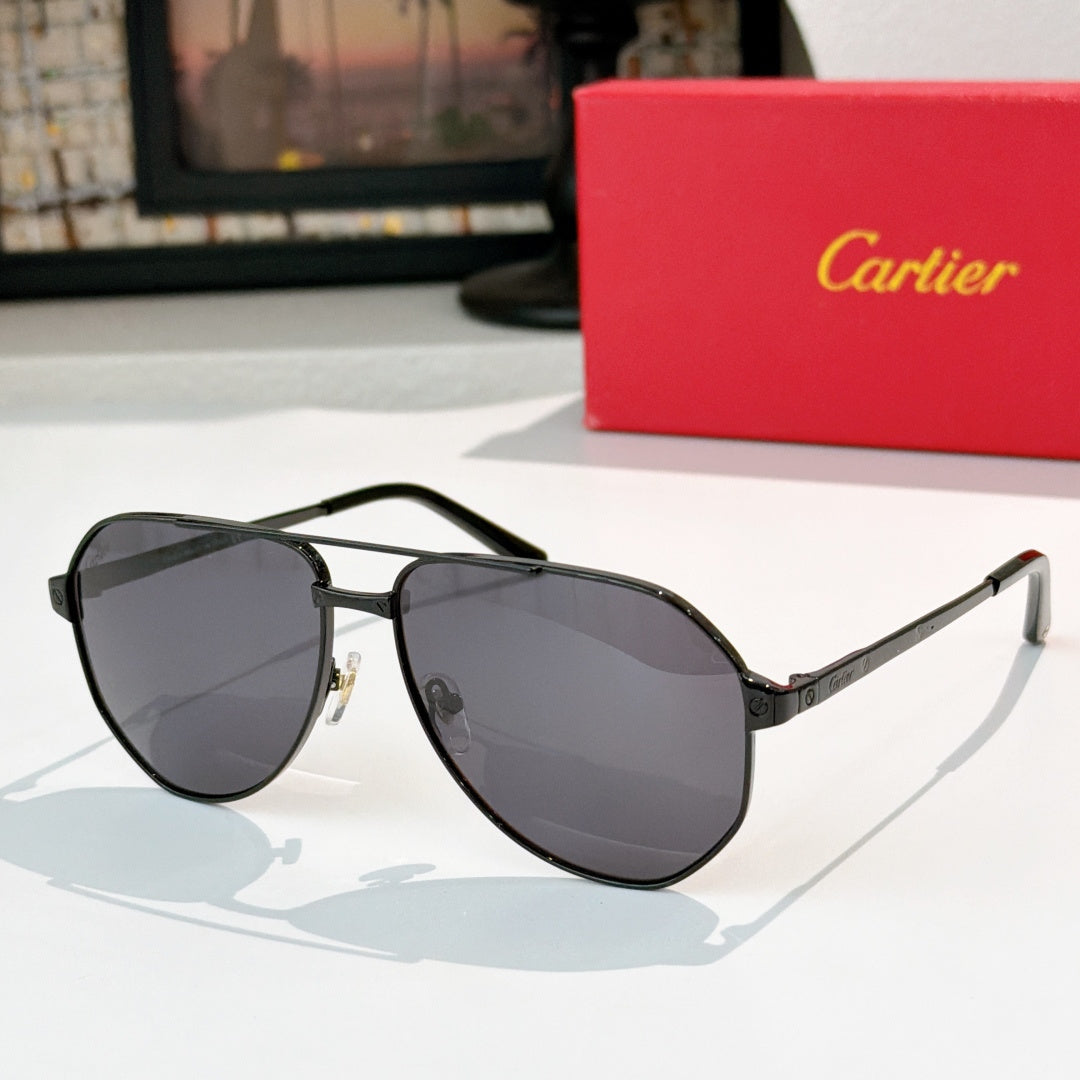 Aviator sunglasses with black frames and dark gray tinted lenses