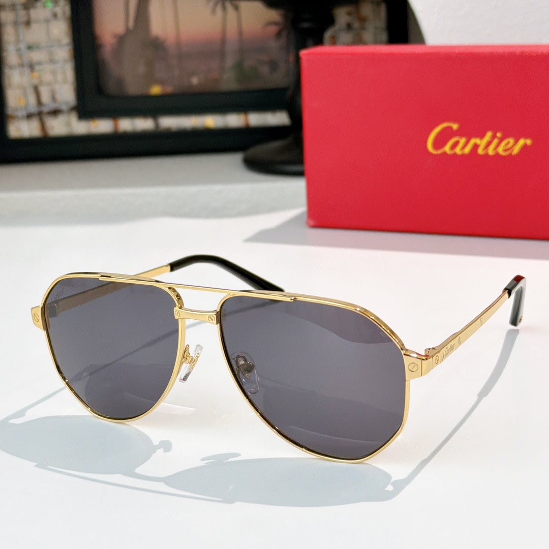 Aviator sunglasses with gold-tone frames and dark blue tinted lenses