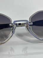 Celine glasses close-up of double bridge and blue-tinted lenses