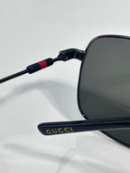 Gucci sunglasses side view with dark lenses and Gucci logo on temple