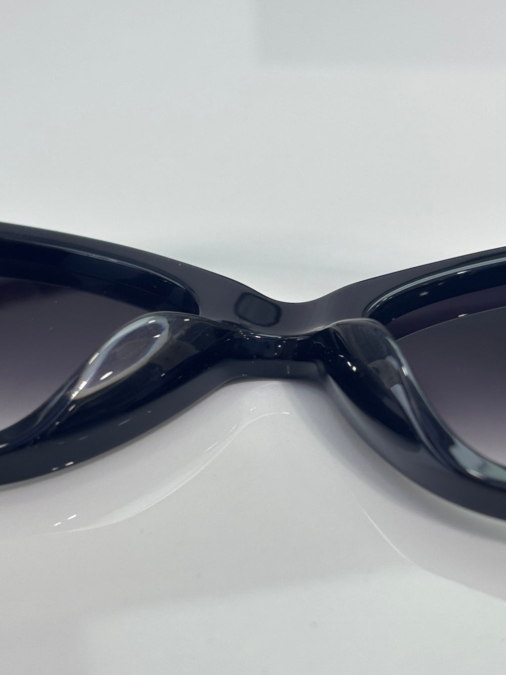 Close-up of dark sunglasses frame and nose bridge