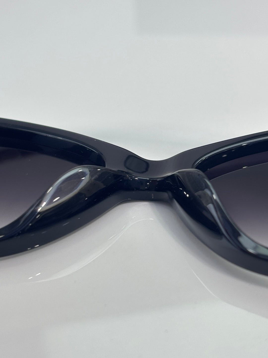 Close-up of dark sunglasses frame and nose bridge