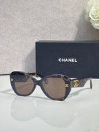Dark sunglasses with gold emblem on temples, white accents, and tinted lenses
