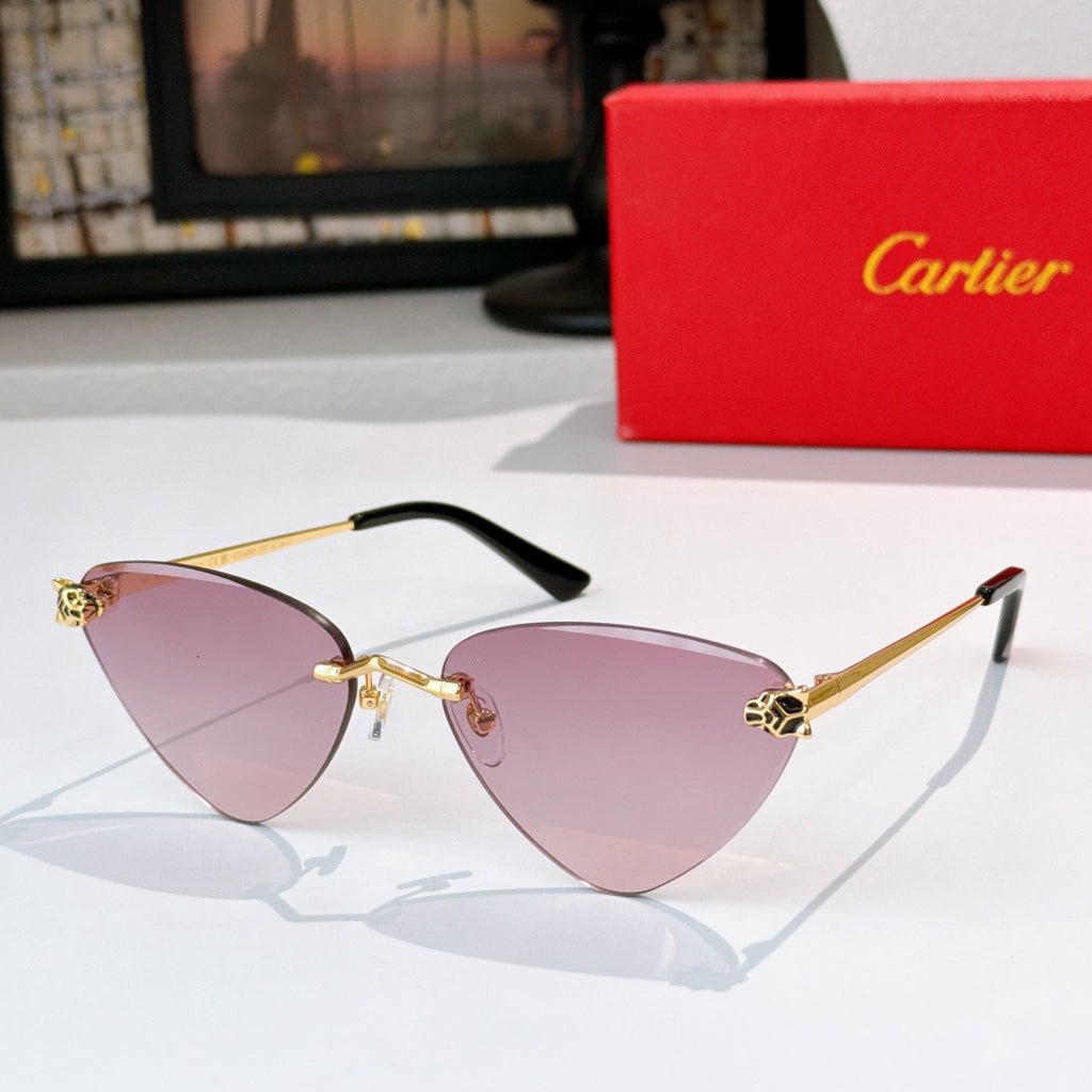 Gold-tone cat-eye glasses with light pink tinted lenses and black temple tips