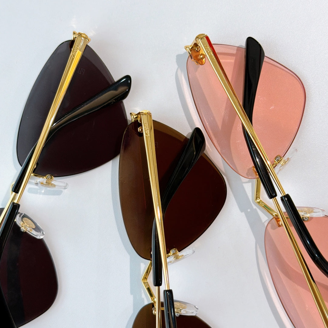 Close-up of gold-tone glasses frames with black temple tips and tinted lenses