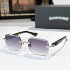 Silver-tone round sunglasses with mauve gradient lenses and dark patterned temples