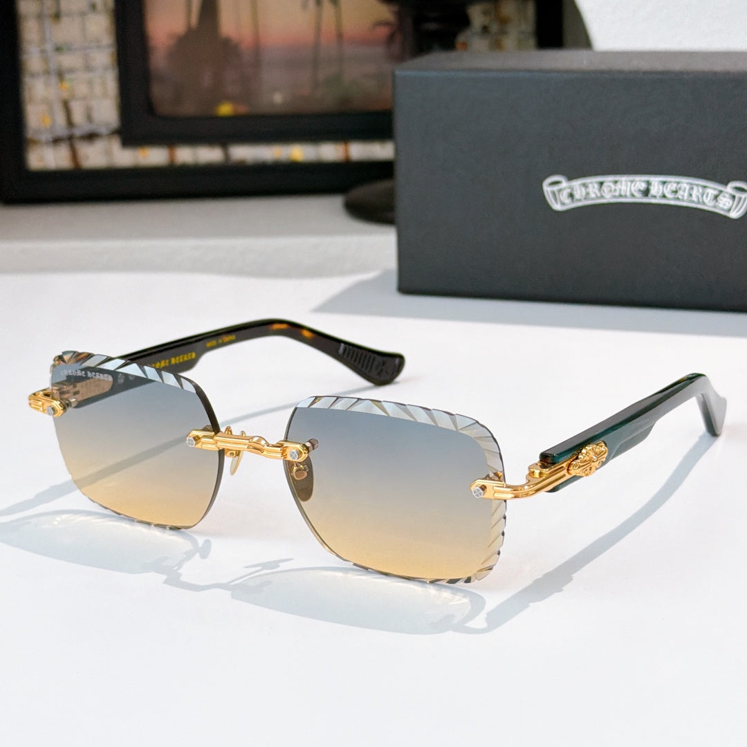 Gold-tone round sunglasses with cool gradient lenses and patterned temple arms