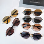 Assorted octagonal sunglasses with mixed frames and dark tinted lenses laid out together