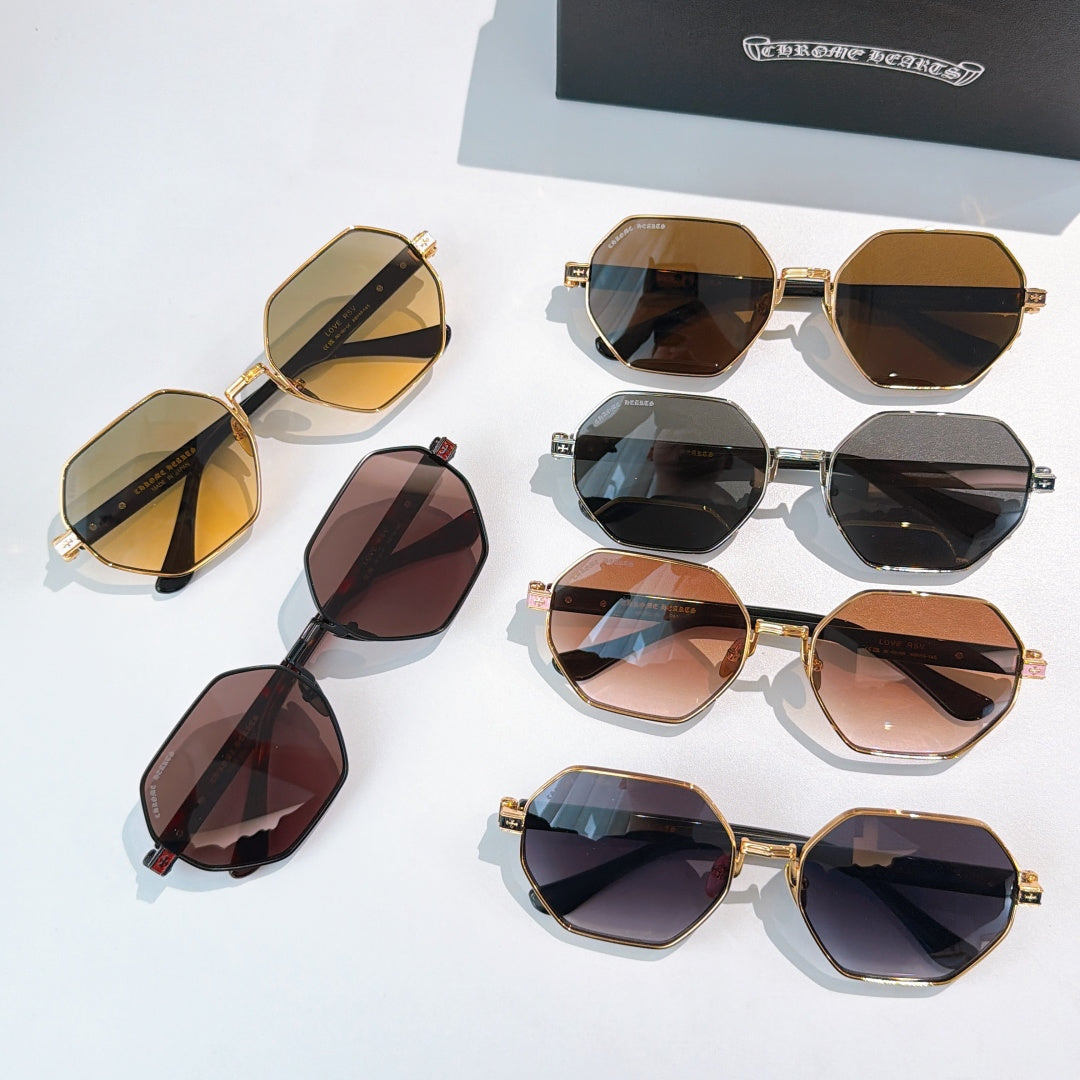 Assorted octagonal sunglasses with mixed frames and dark tinted lenses laid out together