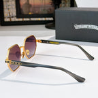 Octagonal sunglasses in gold with purple-tinted lenses and long, clear temple arms