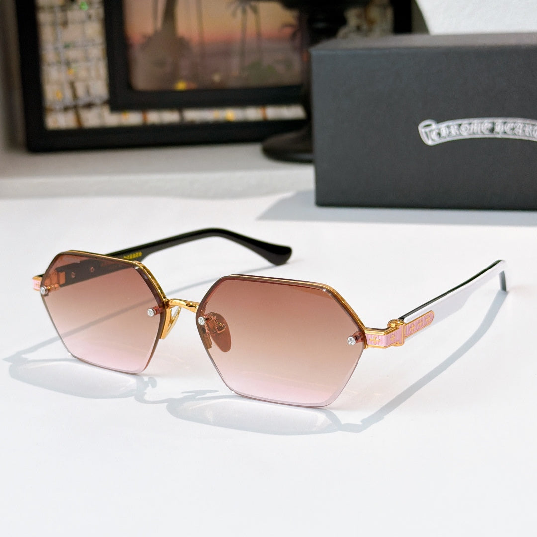 Gold sunglasses with pink gradient hexagonal lenses and multicolor temple accents