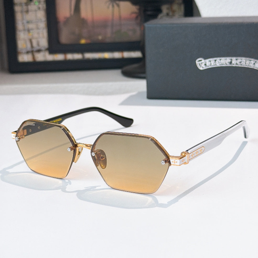 Gold sunglasses with amber hexagonal lenses and multicolor temple accents